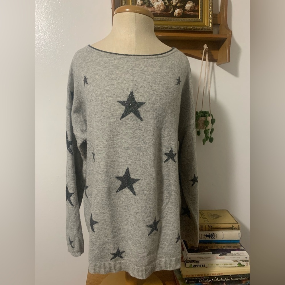BENEDETTA B. Gray Merino Wool Cashmere Blend Star Print Pullover Made in Italy L